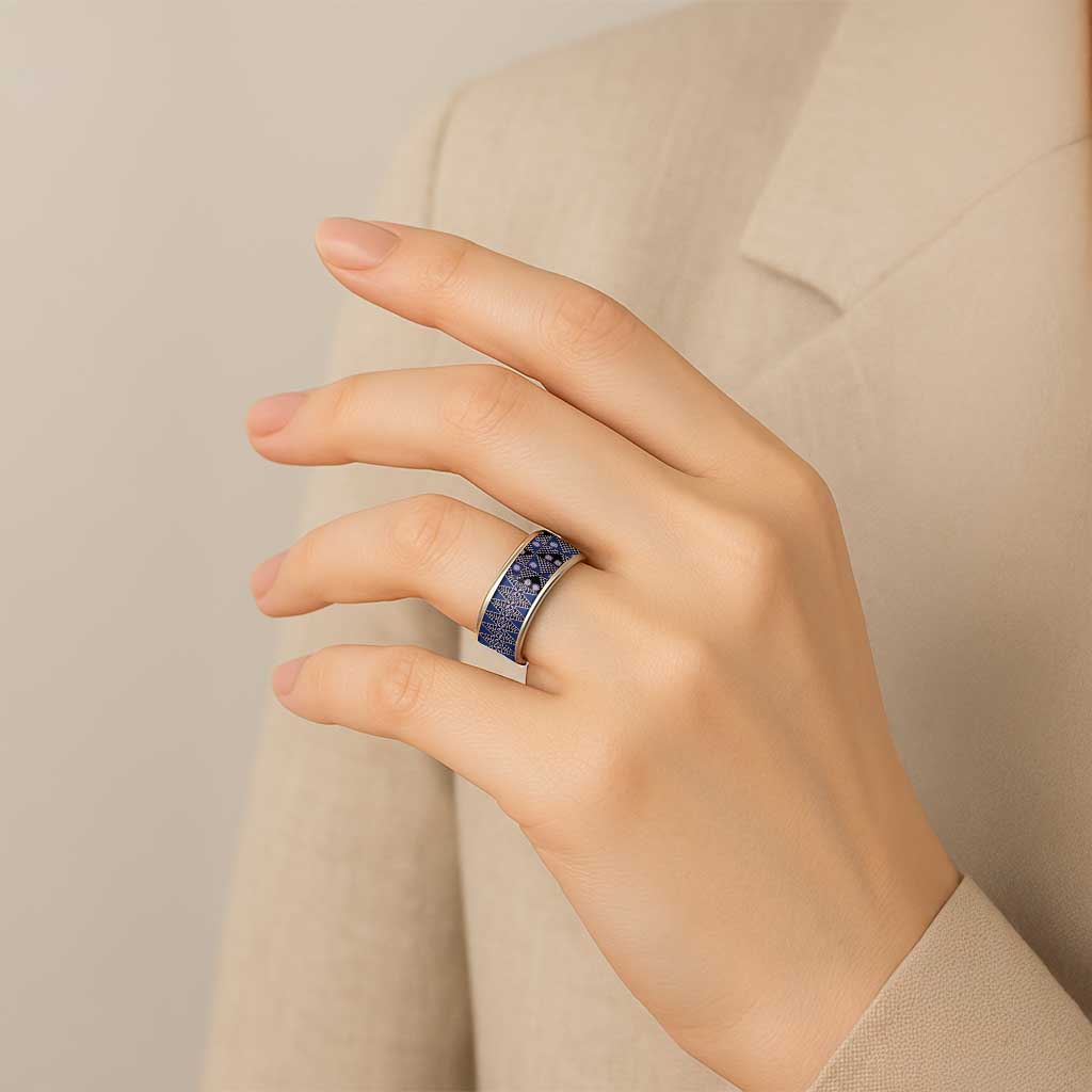 Vintage Bula Fiji Classic Ring Prussian Blue Tapa Masi Motif - Polynesian Pride