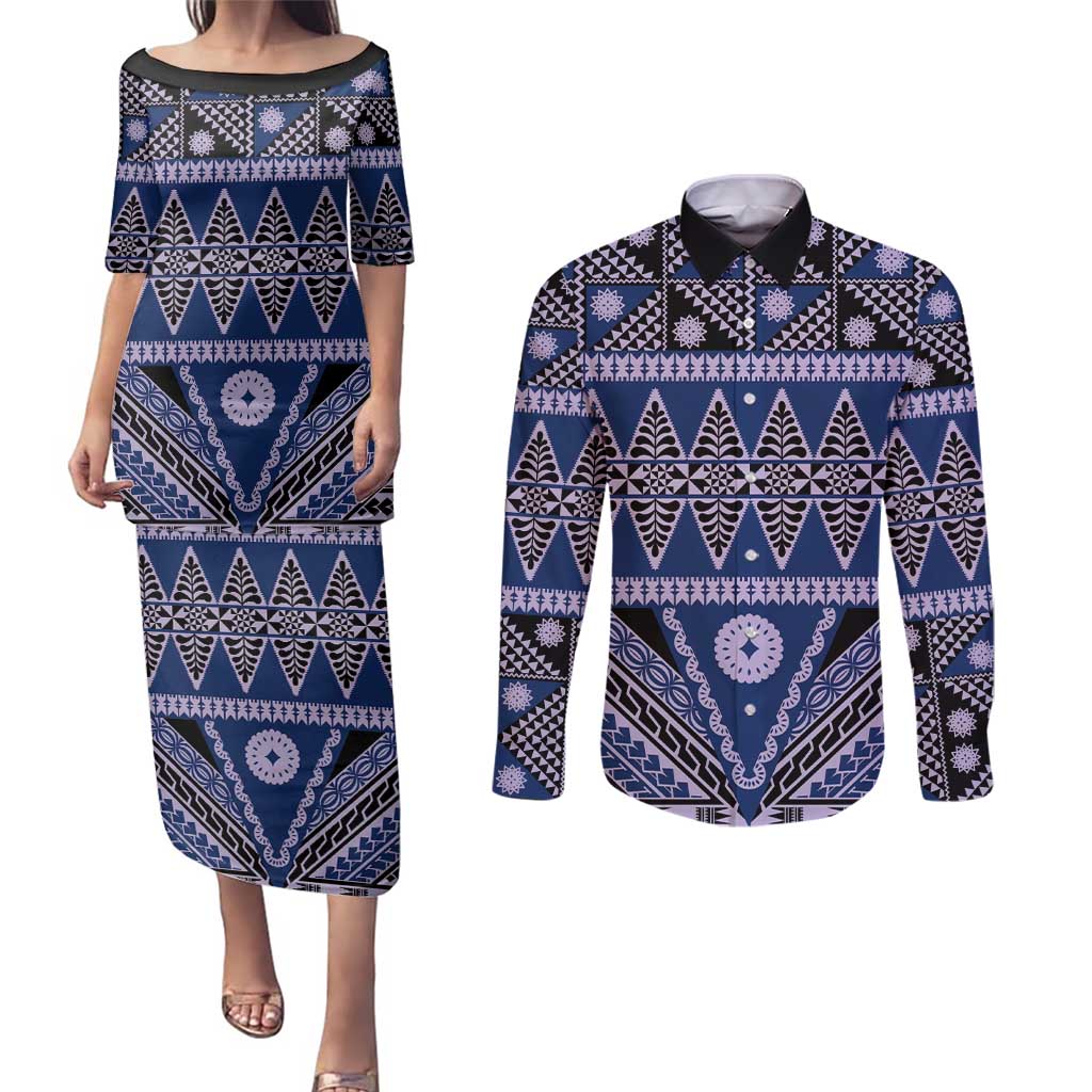 Vintage Bula Fiji Couples Matching Puletasi and Long Sleeve Button Shirt Prussian Blue Tapa Masi Motif