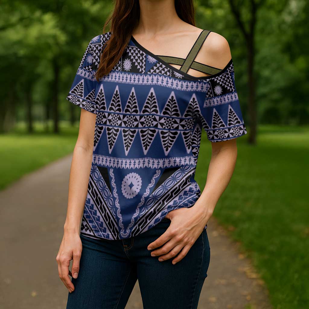 Vintage Bula Fiji Cross Shoulder Shirt Prussian Blue Tapa Masi Motif - Polynesian Pride