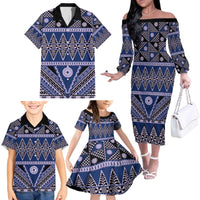 Vintage Bula Fiji Family Matching Off The Shoulder Long Sleeve Dress and Hawaiian Shirt Prussian Blue Tapa Masi Motif