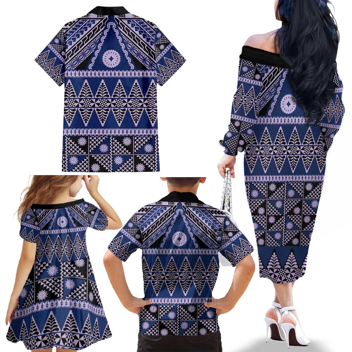 Vintage Bula Fiji Family Matching Off The Shoulder Long Sleeve Dress and Hawaiian Shirt Prussian Blue Tapa Masi Motif