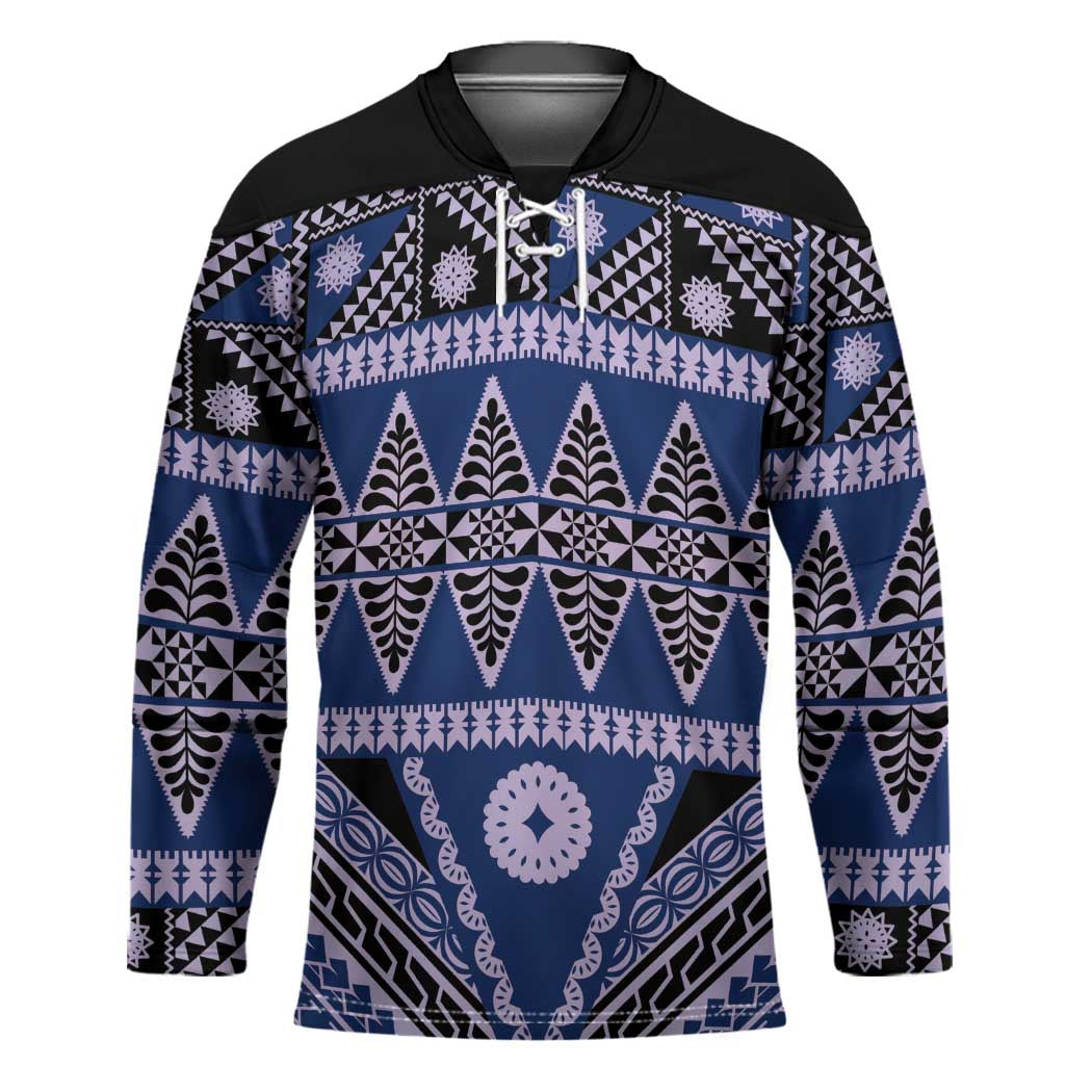 Vintage Bula Fiji Hockey Jersey Prussian Blue Tapa Masi Motif - Polynesian Pride