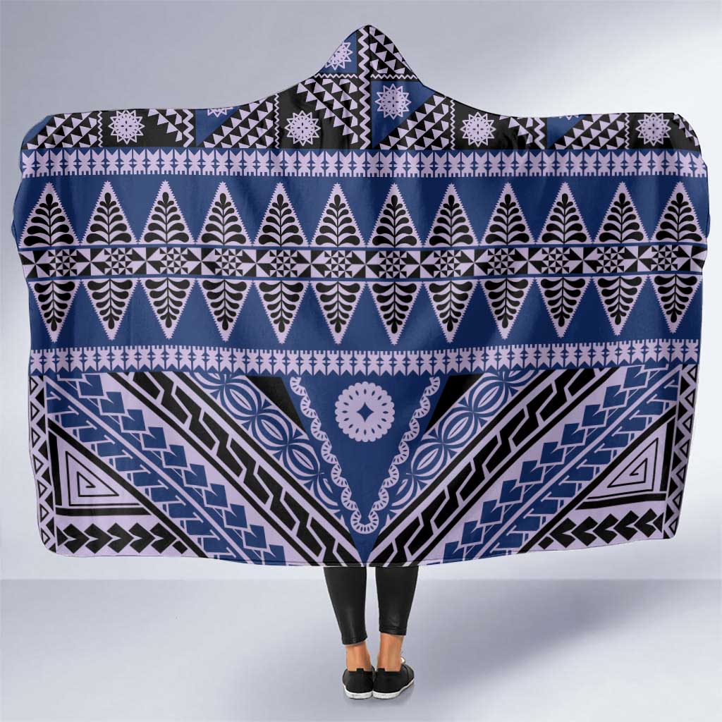 Vintage Bula Fiji Hooded Blanket Prussian Blue Tapa Masi Motif LT9 One Size Blue - Polynesian Pride