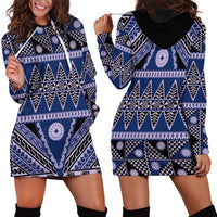 Vintage Bula Fiji Hoodie Dress Prussian Blue Tapa Masi Motif