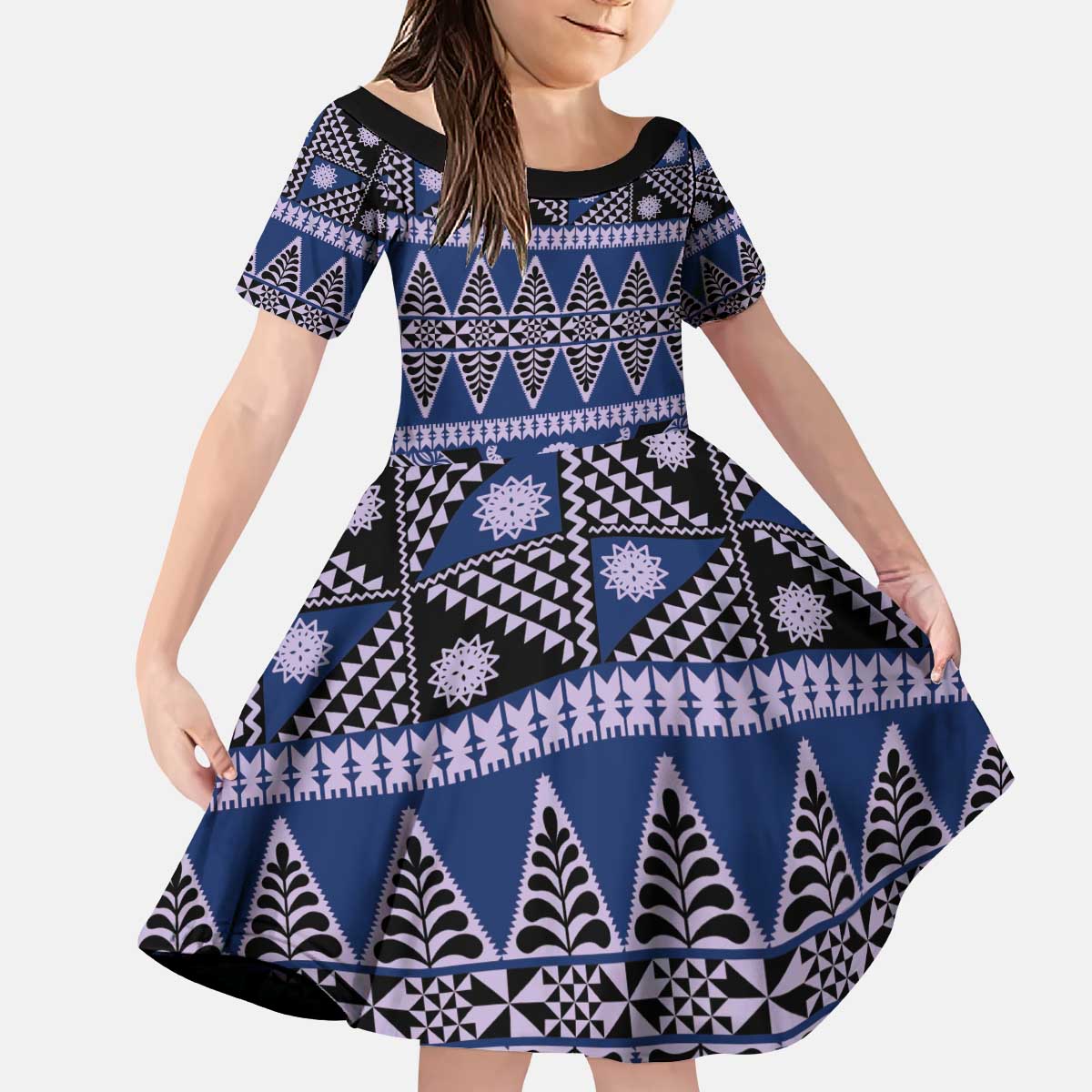 Vintage Bula Fiji Kid Short Sleeve Dress Prussian Blue Tapa Masi Motif