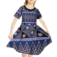 Vintage Bula Fiji Kid Short Sleeve Dress Prussian Blue Tapa Masi Motif