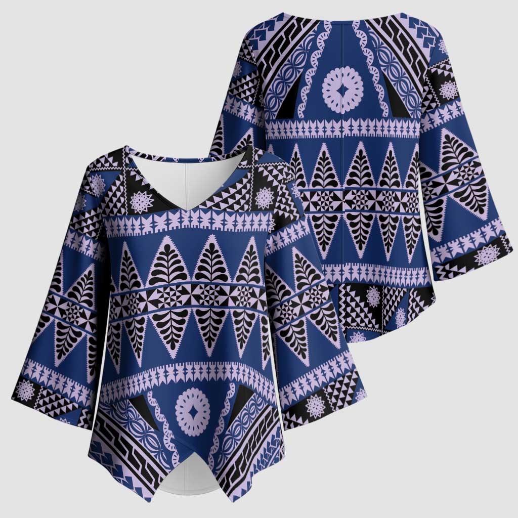Vintage Bula Fiji Kimono Sleeve Blouse Prussian Blue Tapa Masi Motif - Polynesian Pride