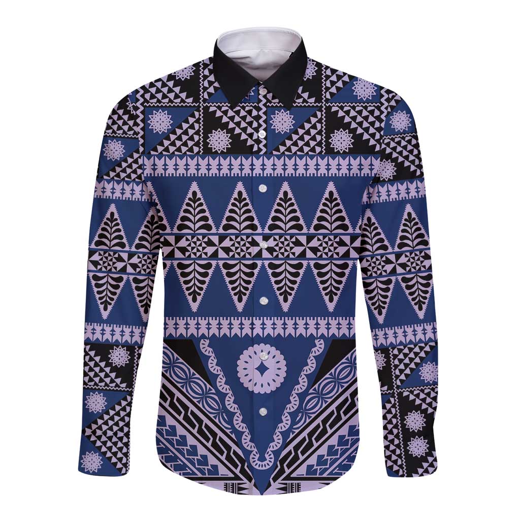 Vintage Bula Fiji Long Sleeve Button Shirt Prussian Blue Tapa Masi Motif LT9 Unisex Blue - Polynesian Pride