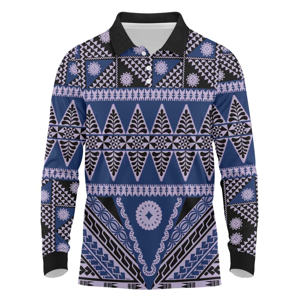 Vintage Bula Fiji Long Sleeve Polo Shirt Prussian Blue Tapa Masi Motif LT9 Blue - Polynesian Pride