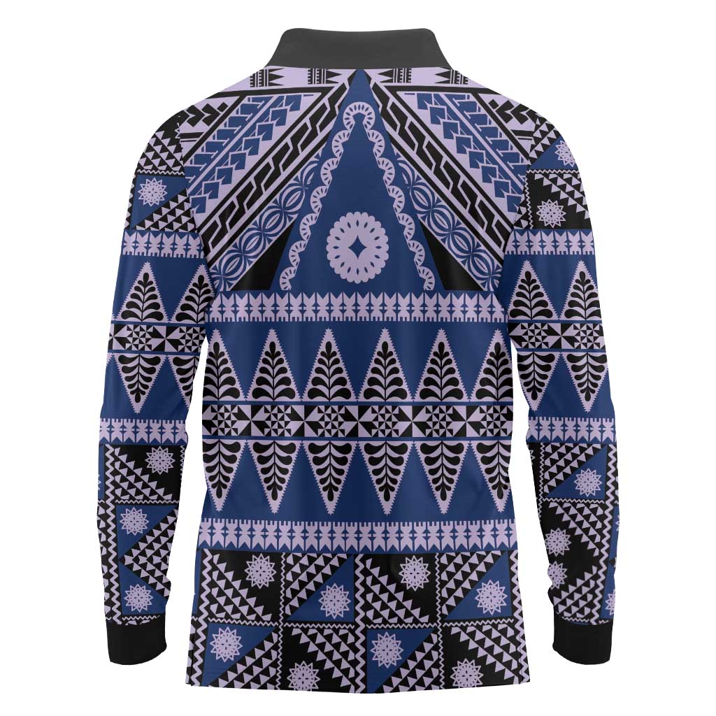 Vintage Bula Fiji Long Sleeve Polo Shirt Prussian Blue Tapa Masi Motif LT9 - Polynesian Pride