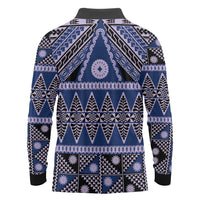 Vintage Bula Fiji Long Sleeve Polo Shirt Prussian Blue Tapa Masi Motif LT9 - Polynesian Pride
