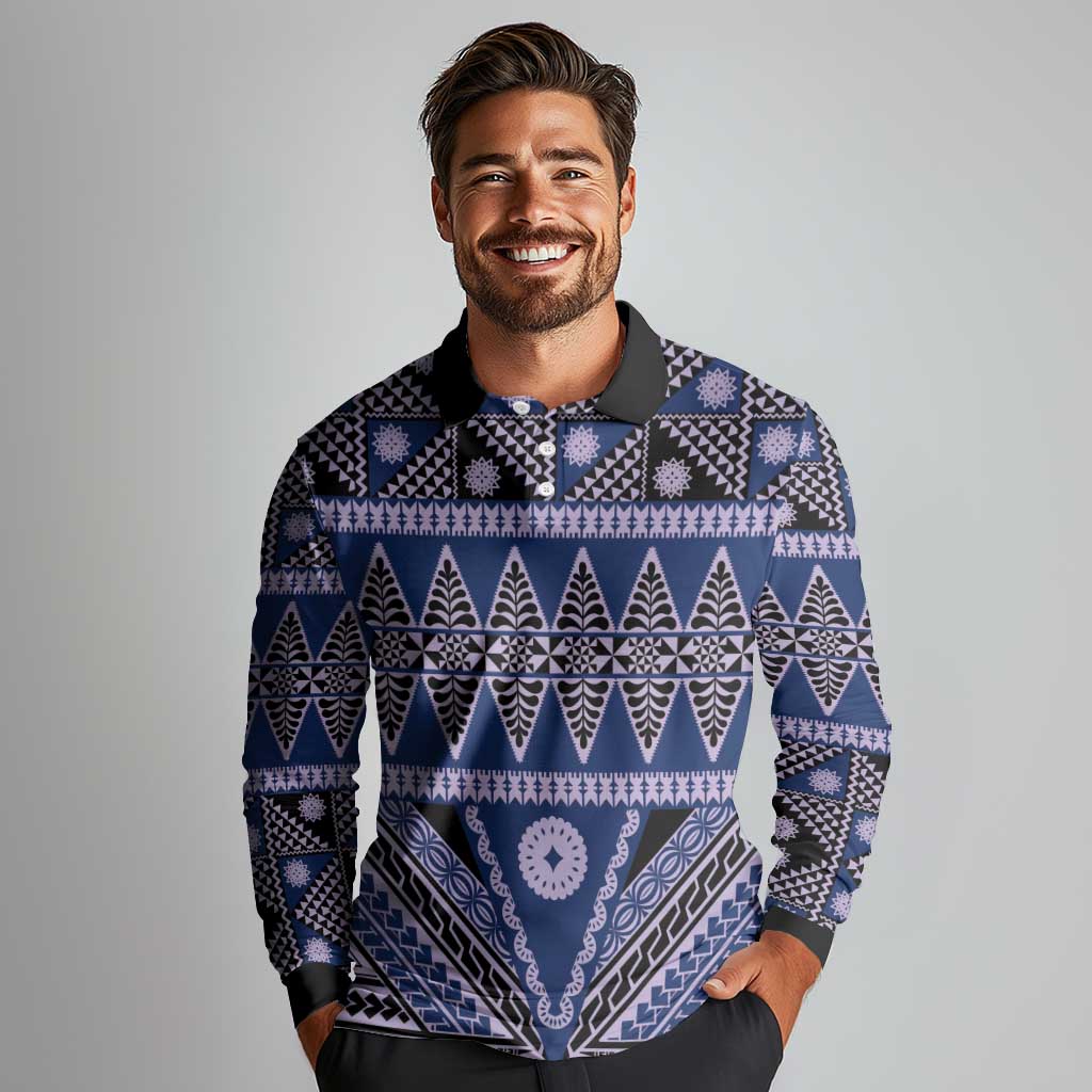 Vintage Bula Fiji Long Sleeve Polo Shirt Prussian Blue Tapa Masi Motif LT9 - Polynesian Pride