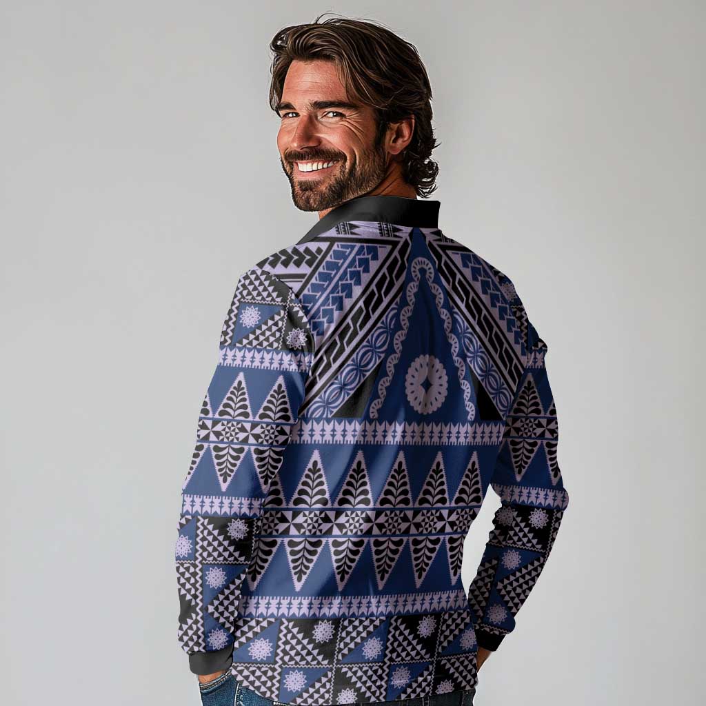 Vintage Bula Fiji Long Sleeve Polo Shirt Prussian Blue Tapa Masi Motif LT9 - Polynesian Pride