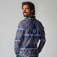 Vintage Bula Fiji Long Sleeve Polo Shirt Prussian Blue Tapa Masi Motif LT9 - Polynesian Pride