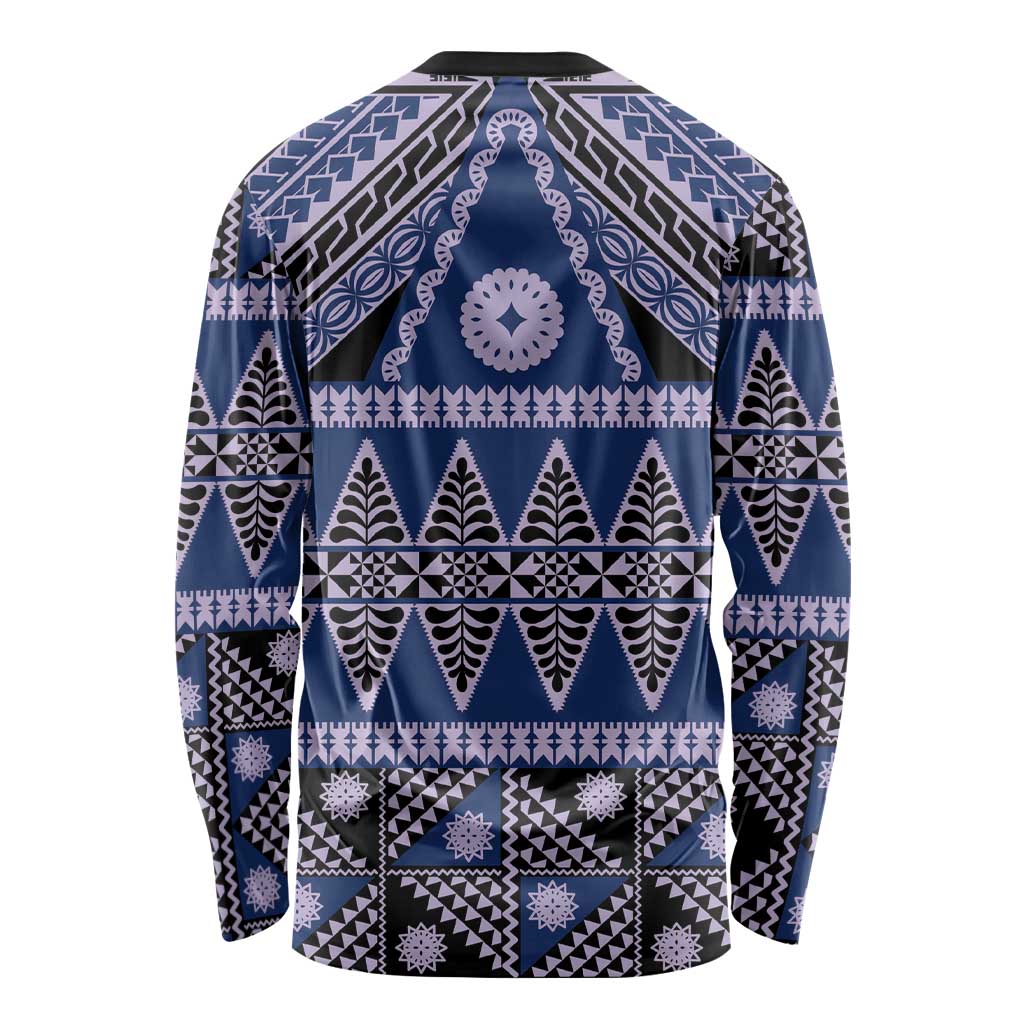 Vintage Bula Fiji Long Sleeve Shirt Prussian Blue Tapa Masi Motif