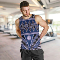 Vintage Bula Fiji Men Tank Top Prussian Blue Tapa Masi Motif LT9 Blue - Polynesian Pride