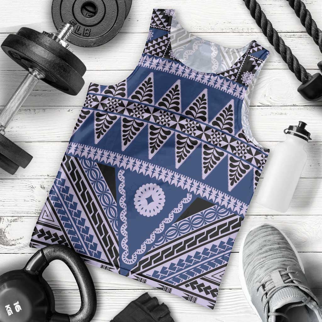 Vintage Bula Fiji Men Tank Top Prussian Blue Tapa Masi Motif LT9 - Polynesian Pride