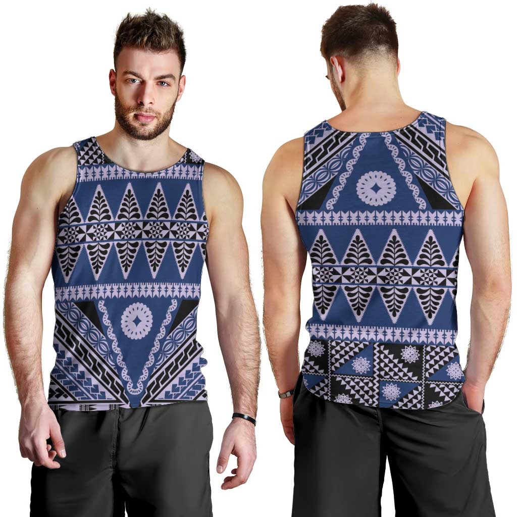 Vintage Bula Fiji Men Tank Top Prussian Blue Tapa Masi Motif LT9 - Polynesian Pride