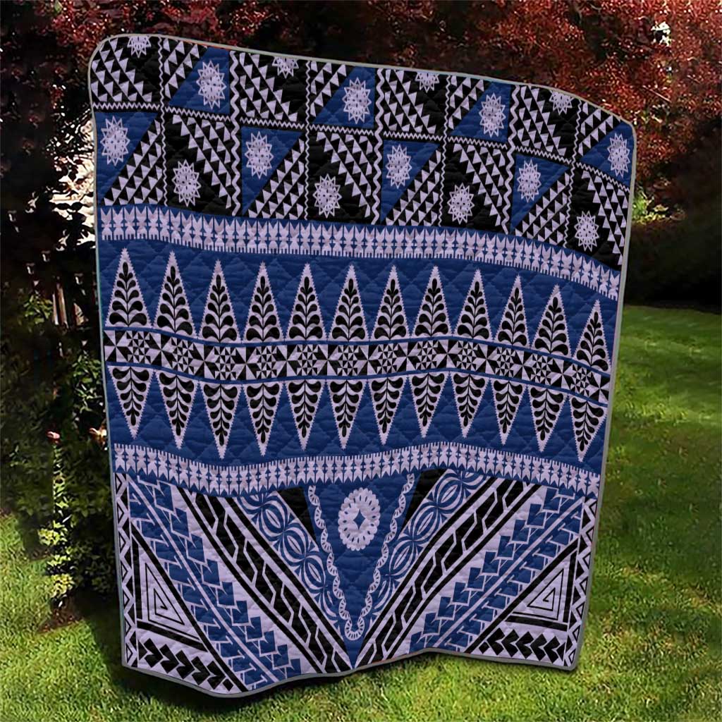 Vintage Bula Fiji Quilt Prussian Blue Tapa Masi Motif