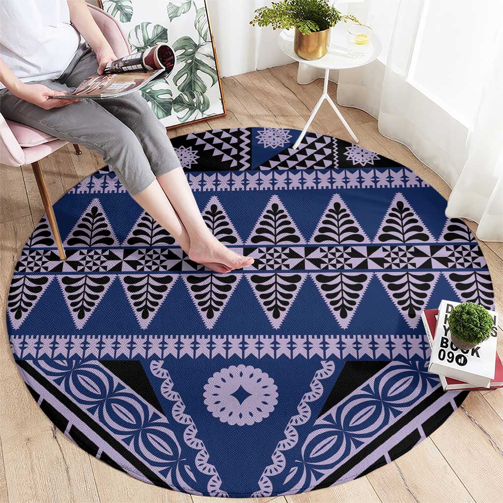 Vintage Bula Fiji Round Carpet Prussian Blue Tapa Masi Motif