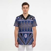 Vintage Bula Fiji Scrub Top Prussian Blue Tapa Masi Motif - Polynesian Pride