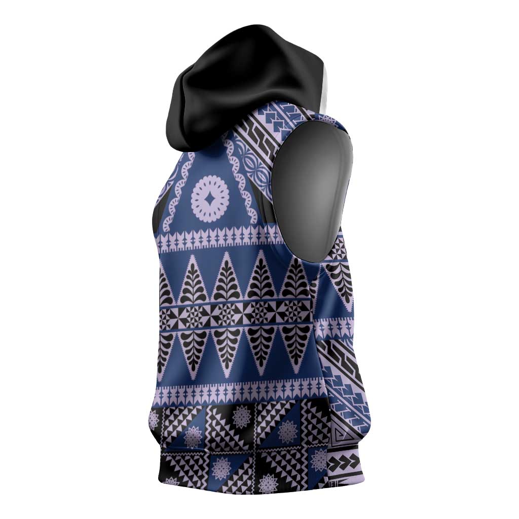 Vintage Bula Fiji Sleeveless Hoodie Prussian Blue Tapa Masi Motif - Polynesian Pride