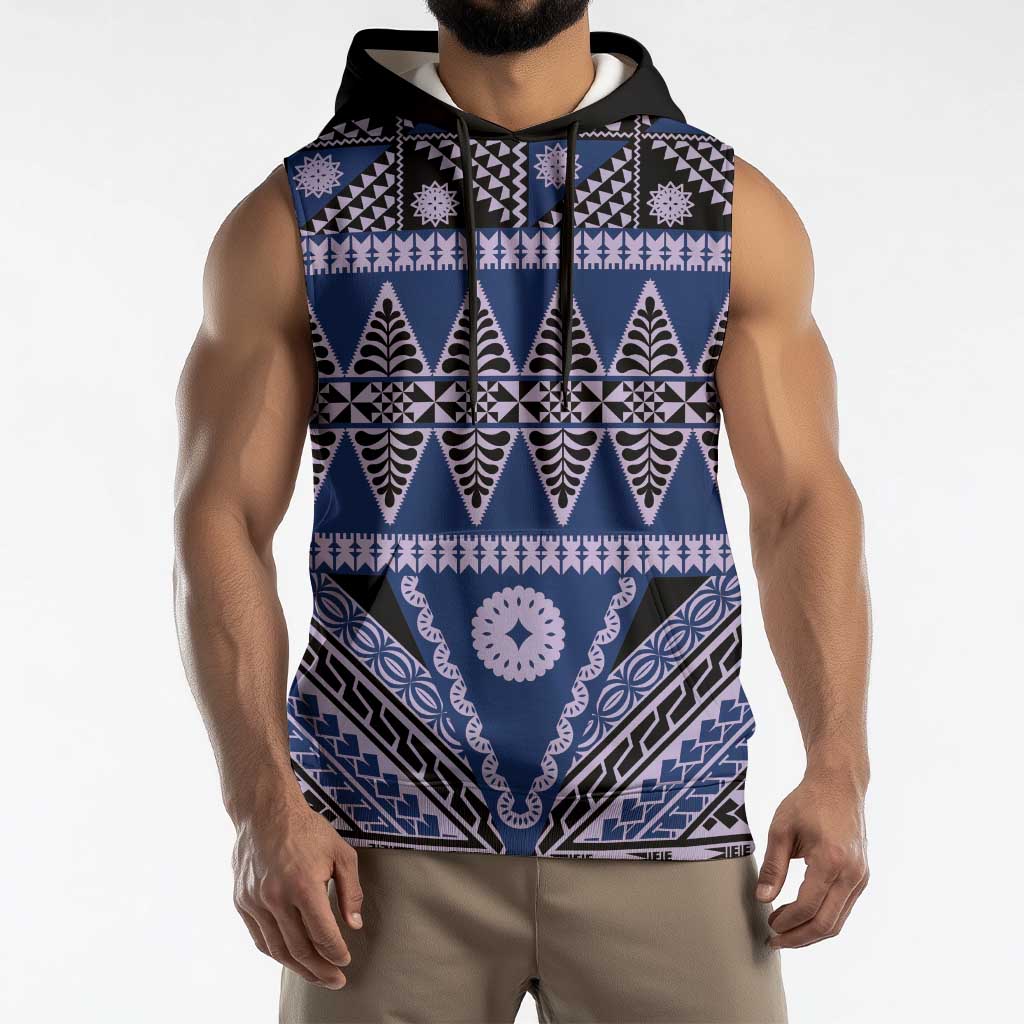 Vintage Bula Fiji Sleeveless Hoodie Prussian Blue Tapa Masi Motif - Polynesian Pride
