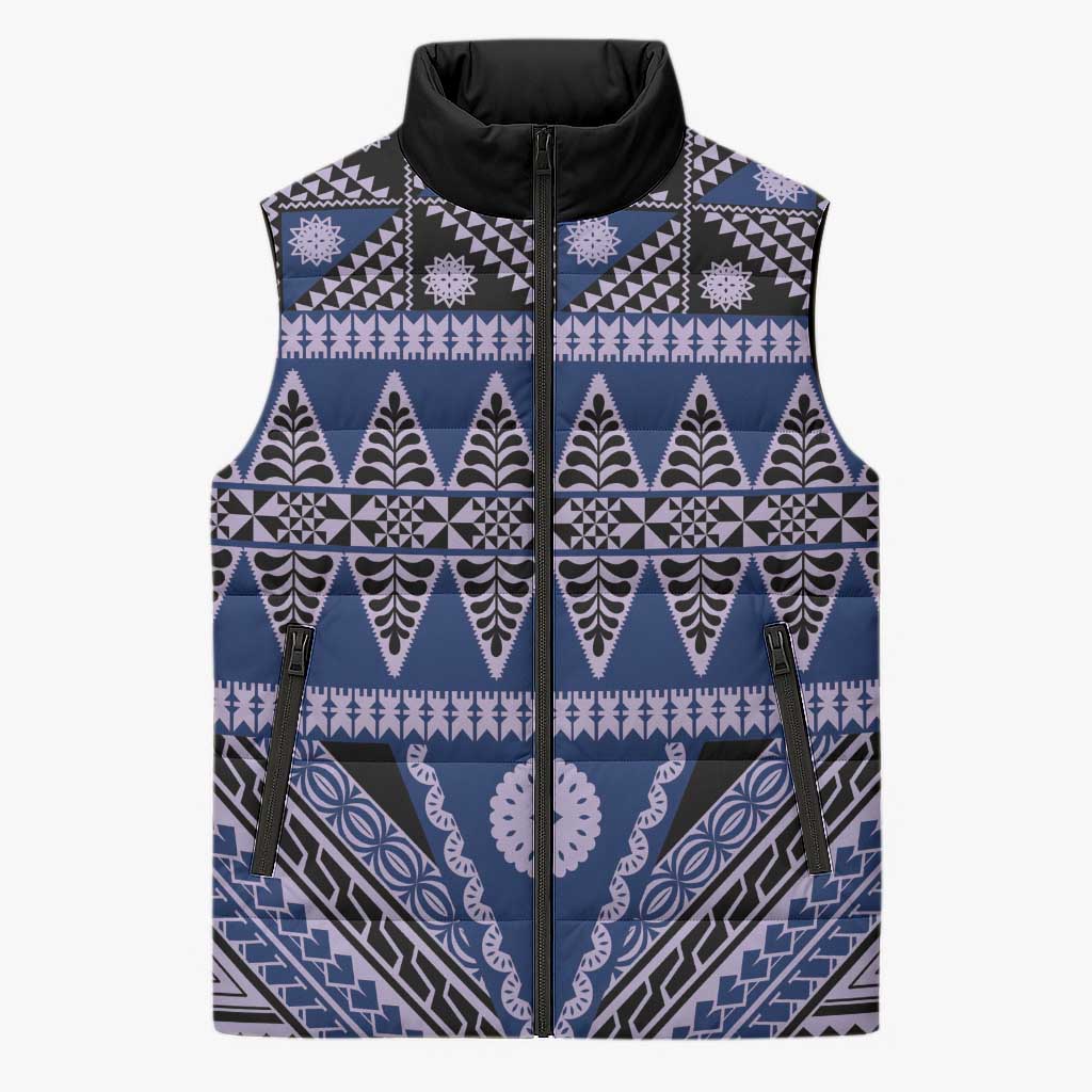 Vintage Bula Fiji Sleeveless Puffer Jacket Prussian Blue Tapa Masi Motif LT9 Unisex Blue - Polynesian Pride