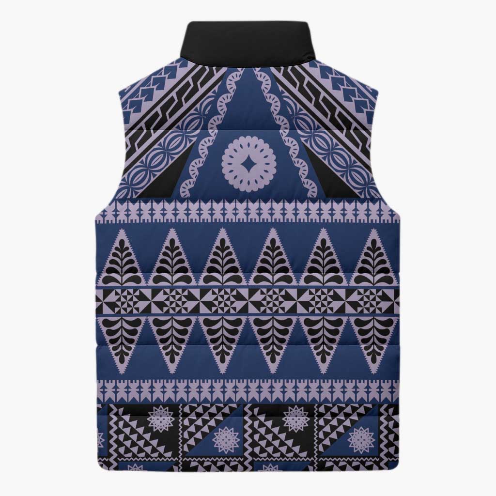 Vintage Bula Fiji Sleeveless Puffer Jacket Prussian Blue Tapa Masi Motif LT9 - Polynesian Pride