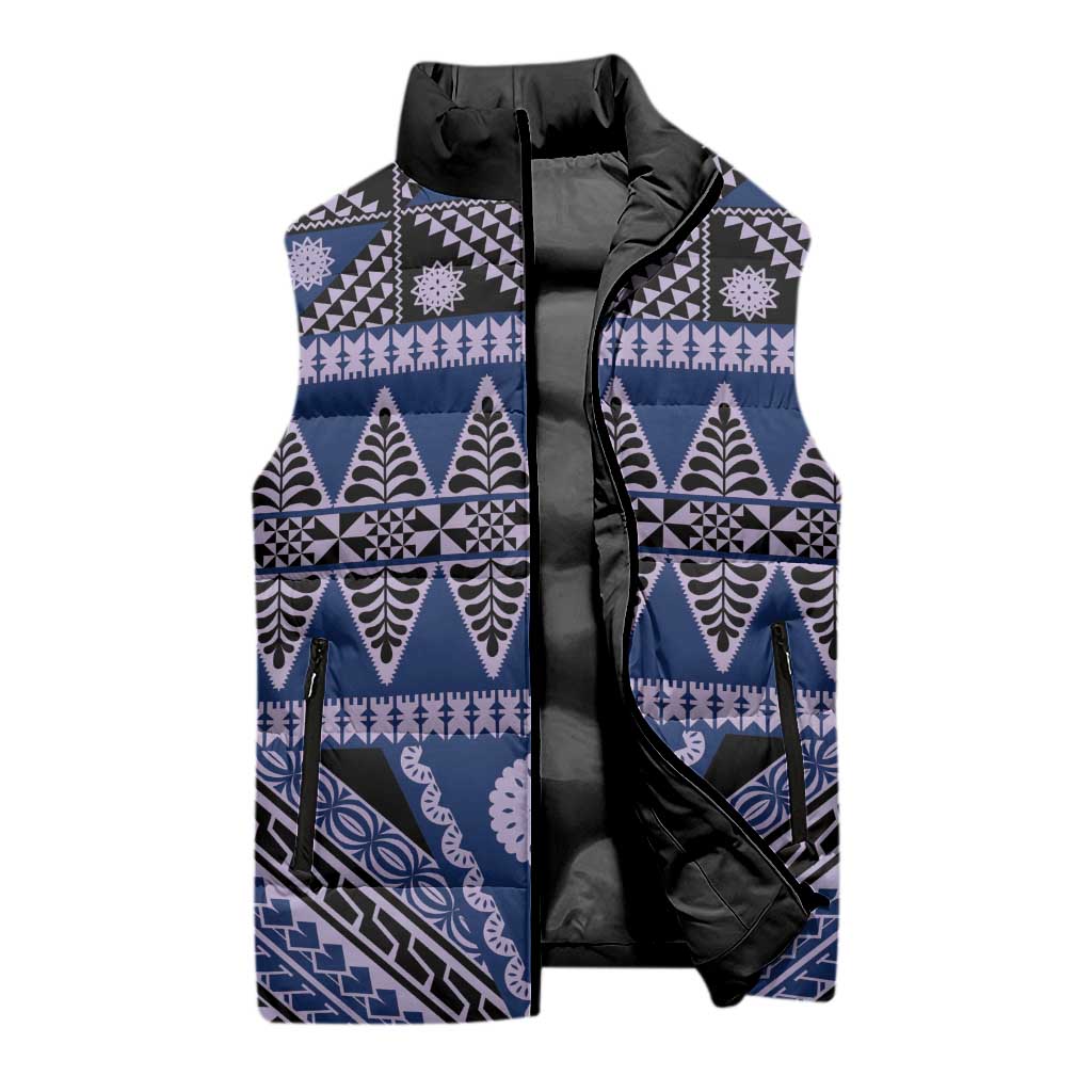 Vintage Bula Fiji Sleeveless Puffer Jacket Prussian Blue Tapa Masi Motif LT9 - Polynesian Pride