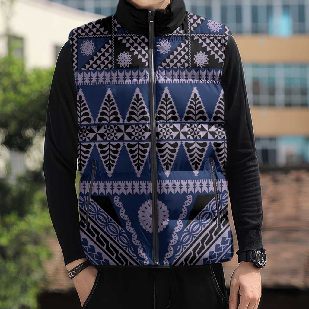 Vintage Bula Fiji Sleeveless Puffer Jacket Prussian Blue Tapa Masi Motif LT9 - Polynesian Pride