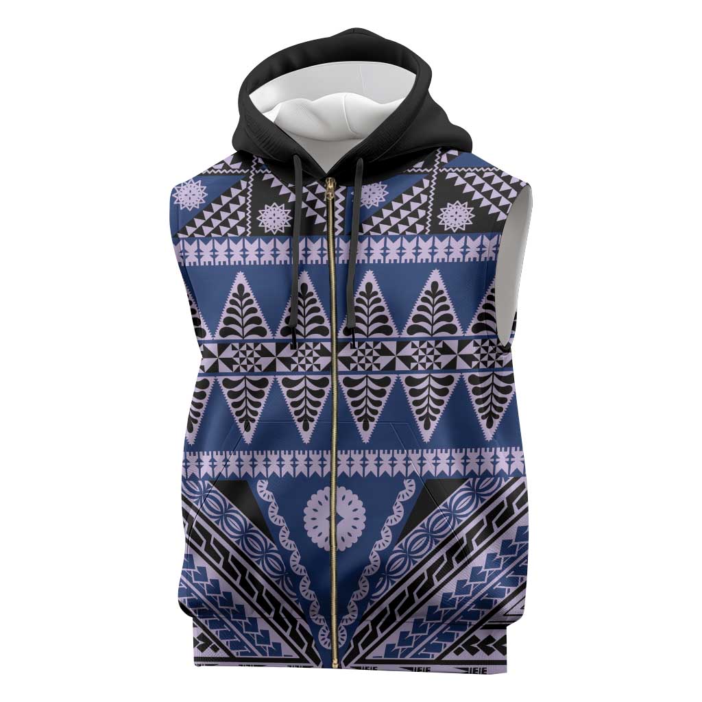 Vintage Bula Fiji Sleeveless Zip Hoodie Prussian Blue Tapa Masi Motif - Polynesian Pride