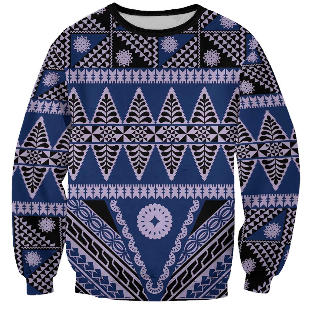 Vintage Bula Fiji Sweatshirt Prussian Blue Tapa Masi Motif LT9 Unisex Blue - Polynesian Pride