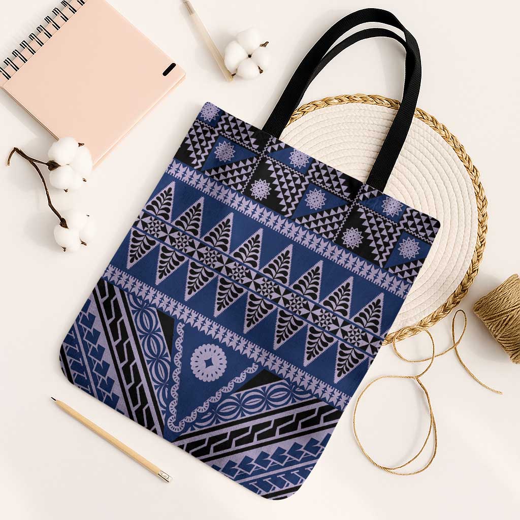 Vintage Bula Fiji Tote Bag Prussian Blue Tapa Masi Motif - Polynesian Pride