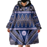 Vintage Bula Fiji Wearable Blanket Hoodie Prussian Blue Tapa Masi Motif