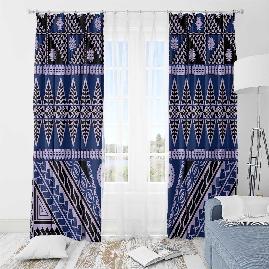 Vintage Bula Fiji Window Curtain Prussian Blue Tapa Masi Motif