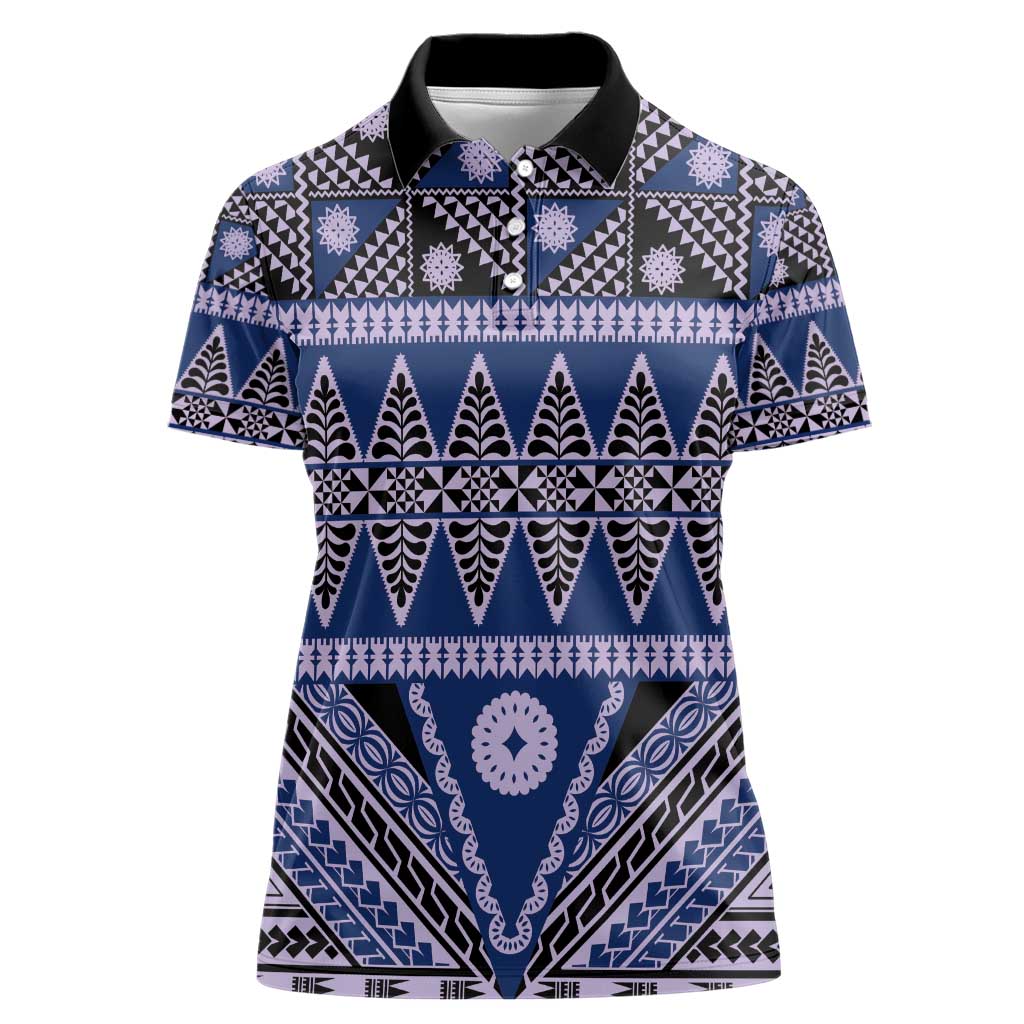 Vintage Bula Fiji Women Polo Shirt Prussian Blue Tapa Masi Motif