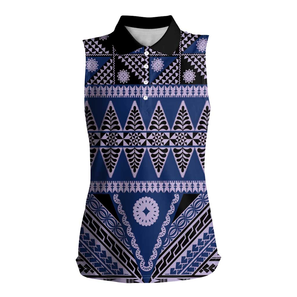 Vintage Bula Fiji Women Sleeveless Polo Shirt Prussian Blue Tapa Masi Motif