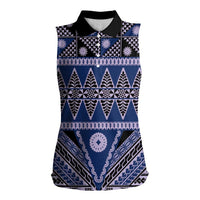 Vintage Bula Fiji Women Sleeveless Polo Shirt Prussian Blue Tapa Masi Motif