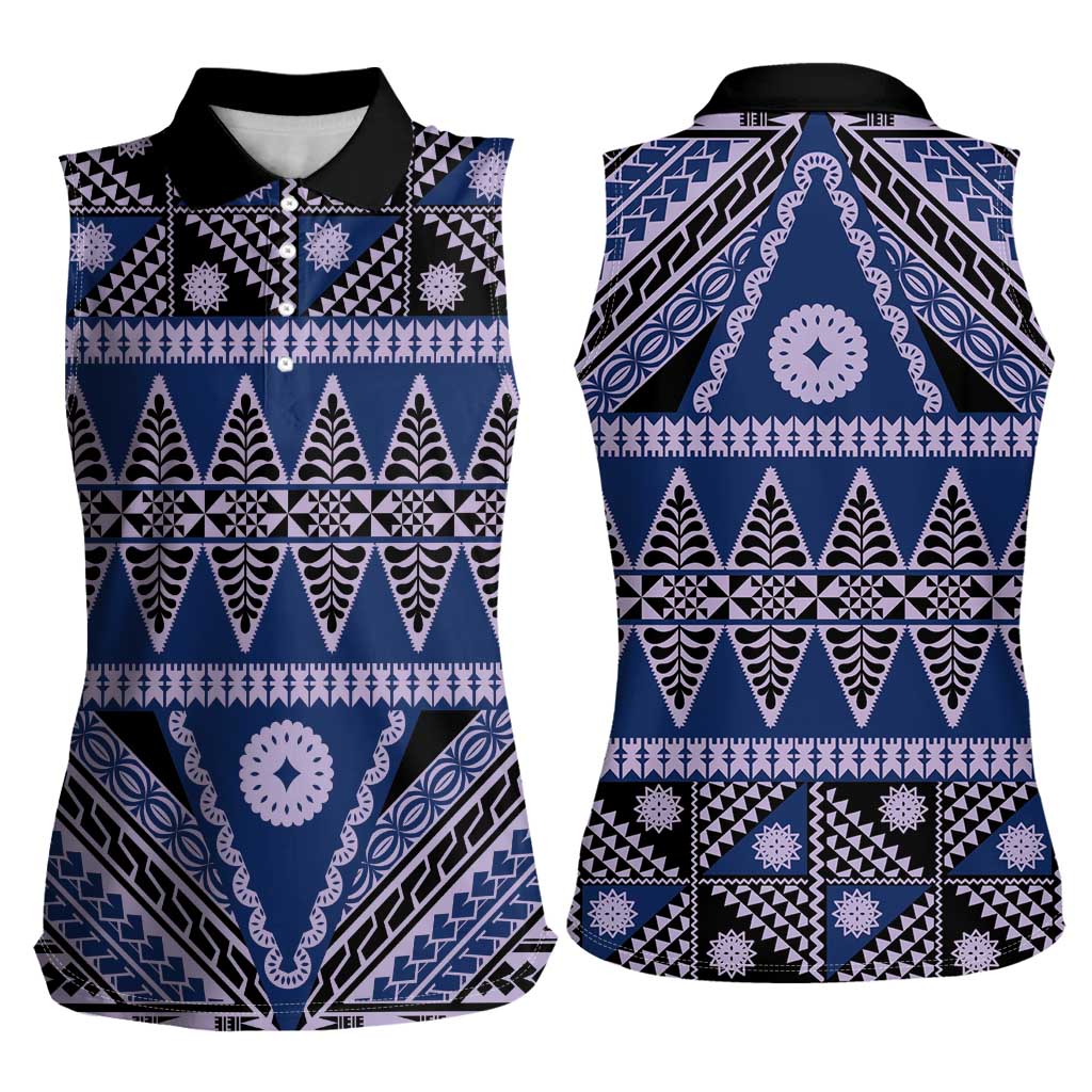 Vintage Bula Fiji Women Sleeveless Polo Shirt Prussian Blue Tapa Masi Motif