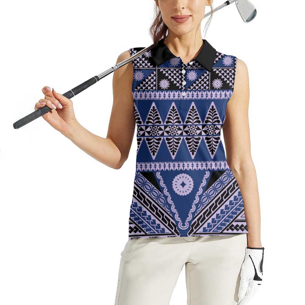 Vintage Bula Fiji Women Sleeveless Polo Shirt Prussian Blue Tapa Masi Motif