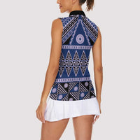 Vintage Bula Fiji Women Sleeveless Polo Shirt Prussian Blue Tapa Masi Motif
