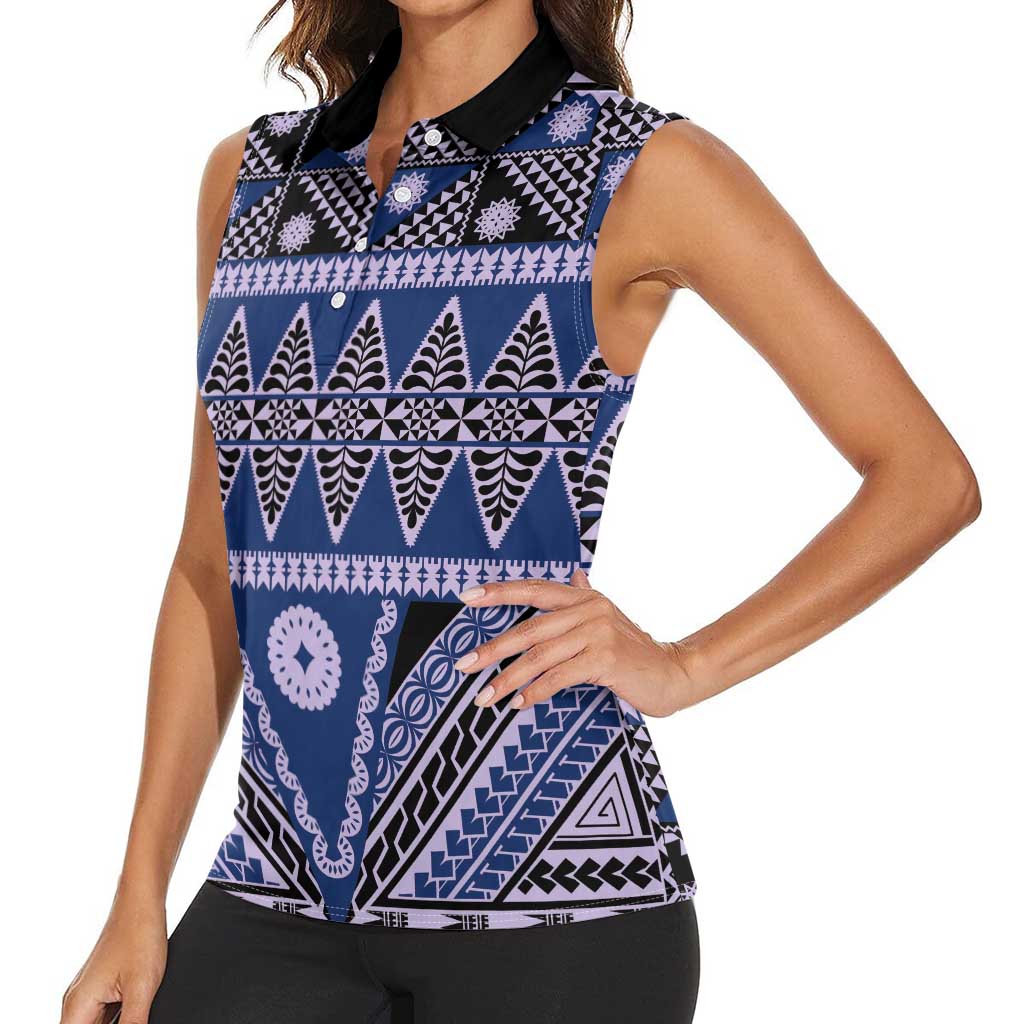 Vintage Bula Fiji Women Sleeveless Polo Shirt Prussian Blue Tapa Masi Motif