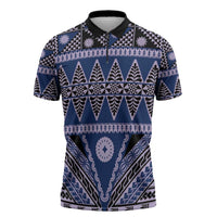 Vintage Bula Fiji Zipper Polo Shirt Prussian Blue Tapa Masi Motif LT9 Blue - Polynesian Pride