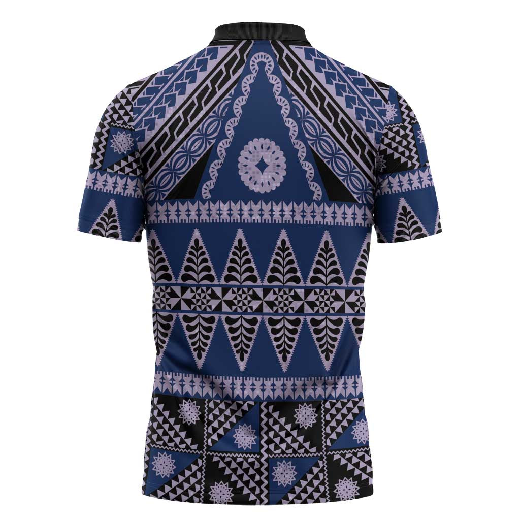 Vintage Bula Fiji Zipper Polo Shirt Prussian Blue Tapa Masi Motif LT9 - Polynesian Pride