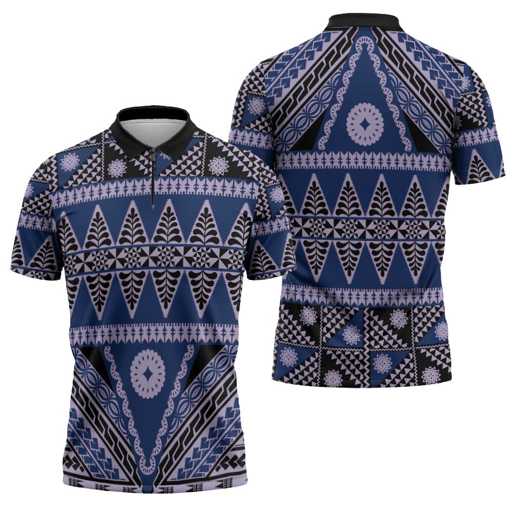Vintage Bula Fiji Zipper Polo Shirt Prussian Blue Tapa Masi Motif LT9 - Polynesian Pride