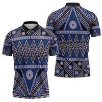 Vintage Bula Fiji Zipper Polo Shirt Prussian Blue Tapa Masi Motif LT9 - Polynesian Pride