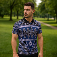 Vintage Bula Fiji Zipper Polo Shirt Prussian Blue Tapa Masi Motif LT9 - Polynesian Pride