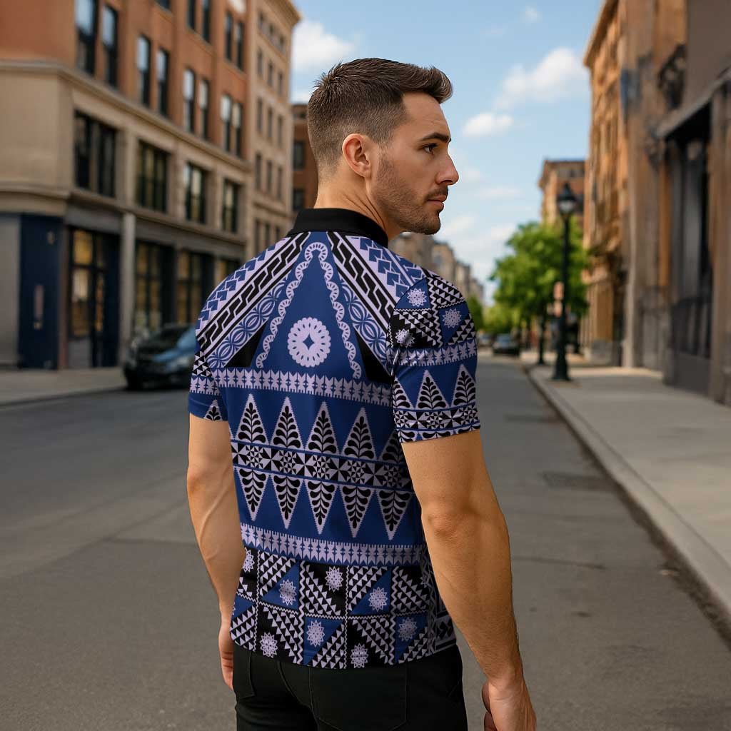 Vintage Bula Fiji Zipper Polo Shirt Prussian Blue Tapa Masi Motif LT9 - Polynesian Pride