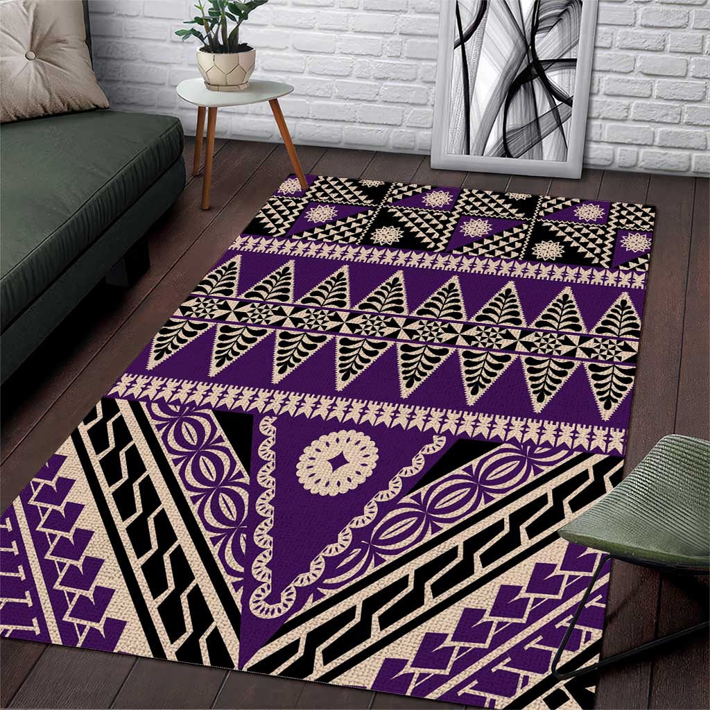 Vintage Bula Fiji Area Rug Purple Tapa Masi Motif